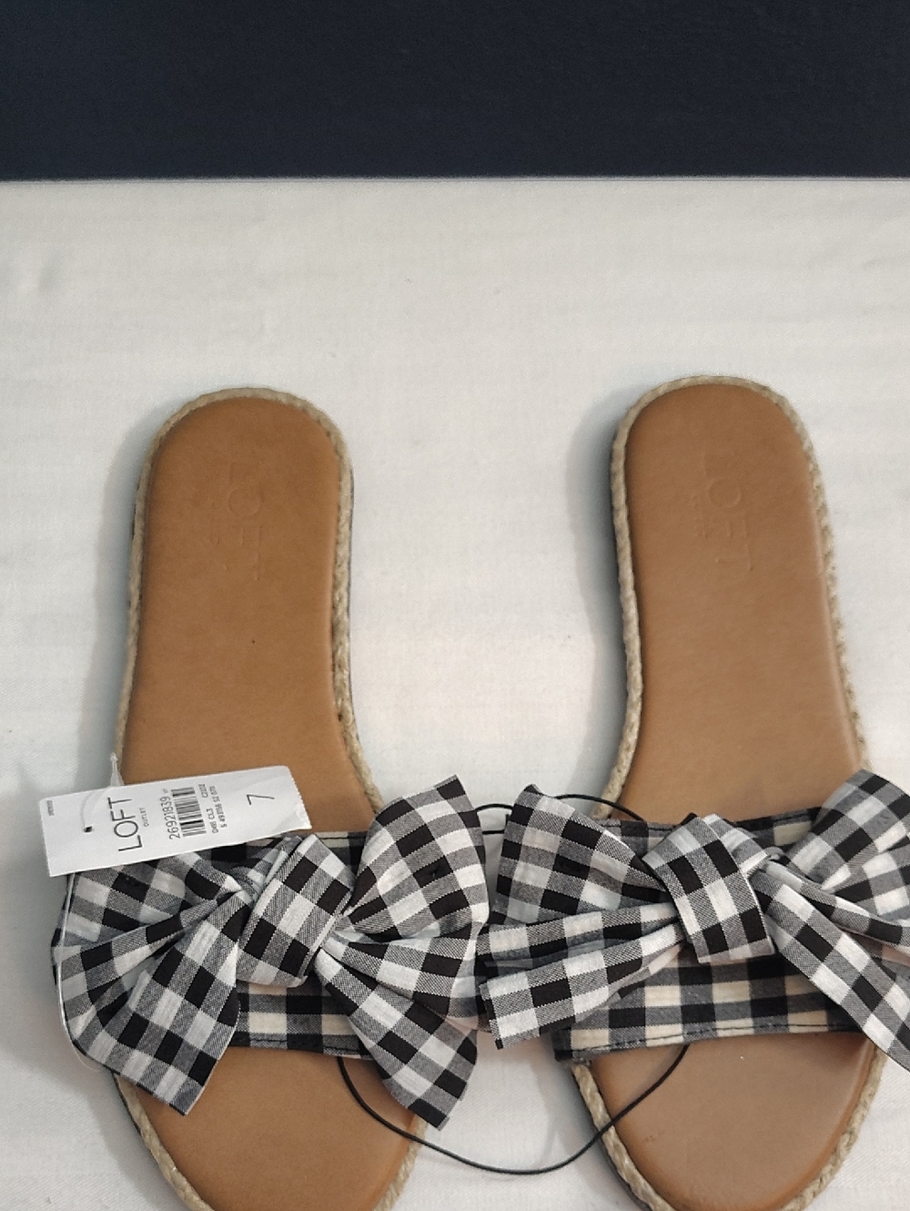 LOFT Black and White Gingham Bow Slide Sandals